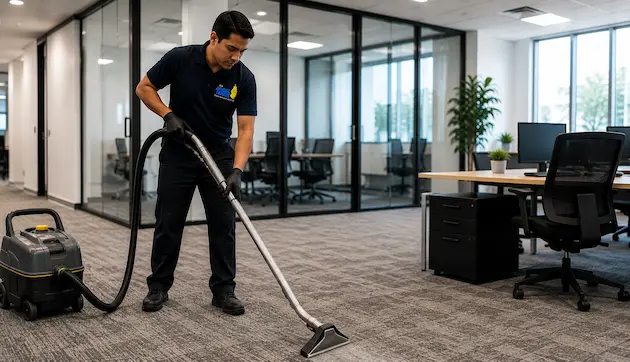 Angel Maids technician performing commercial carpet cleaning inside a modern office building in San Antonio.