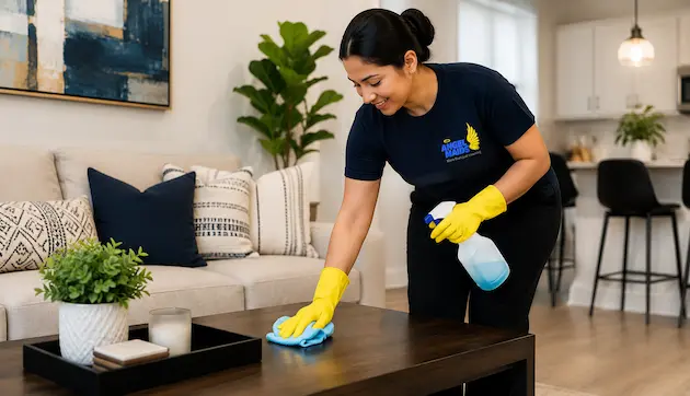 Professional Angel Maids housekeeper cleaning a living room coffee table in a San Antonio home.