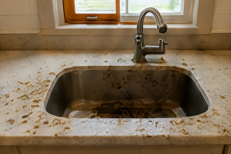 Dirty kitchen sink before professional house cleaning in San Antonio